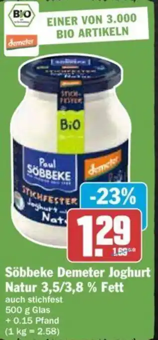 Hit Söbbeke Demeter Joghurt Natur 3,5/3,8 % Fett 500 g Glass Angebot