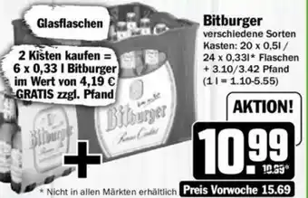 Hit Bitburger 20 x 0,5 l / 24 x 0,33 l * Flaschen Angebot