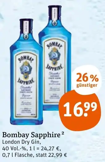 tegut Bombay Sapphire London Dry Gin 0,7 L Flasche Angebot