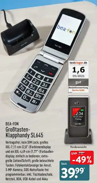 Aldi Nord Bea-Fon Großtasten Klapphandy SL645 Angebot