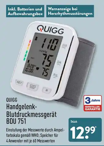 Aldi Nord Quigg Handgelenk Blutdruckmessgerät BDU 751 Angebot