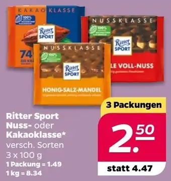 NETTO Ritter Sport Nuss oder Kakaoklasse 3x100 g Angebot