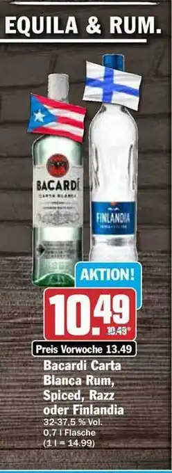 Hit Bacardi carta blanca rum, spiced, razz oder finlandia Angebot