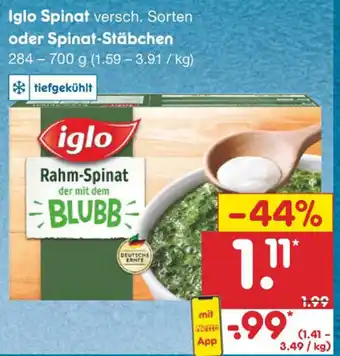 Netto Marken-Discount Iglo Spinat oder Spinat Stäbchen 284-700g Angebot