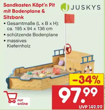 Netto Marken-Discount Juskys Sandkasten Käpt'n Pit mit Bodenplane & Sitzbank Angebot