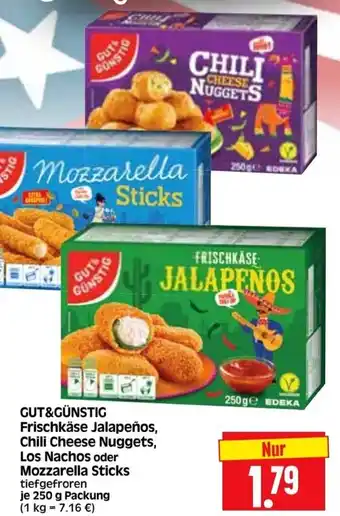 Edeka Herkules Gut & Günstig Frischkäse Jalapeños, Chili Cheese Nuggets, Los Nachos oder Mozzarella Sticks 250 g Packung Angebot