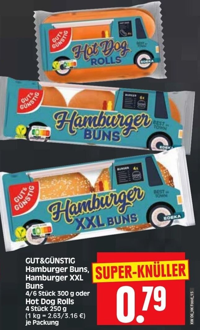 Gut & Günstig Hamburger Buns, Hamburger XXL Buns 4/6 Stück 300 g oder
