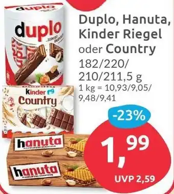 Budni Duplo, Hanuta, Kinder Riegel oder Country 182/220/210/211,5 g Angebot