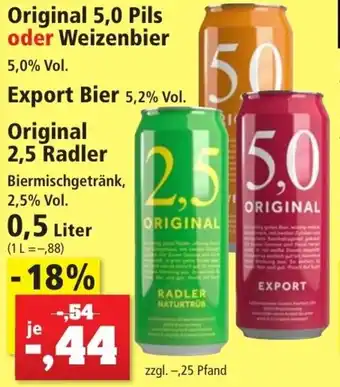 Thomas Philipps Original 5,0 Pils oder Weizenbier, Export Bier oder Original 2,5 Radler 0,5 Liter Angebot