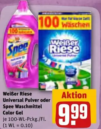 REWE Weiẞer Riese Universal Pulver oder Spee Waschmittel Color Gel 100 WL Pckg. Angebot