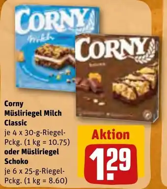 REWE Corny Müsliriegel Milch Classic 4 x 30 g Riegel Pckg. oder Müsliriegel Schoko 6 x 25 g Riegel Angebot