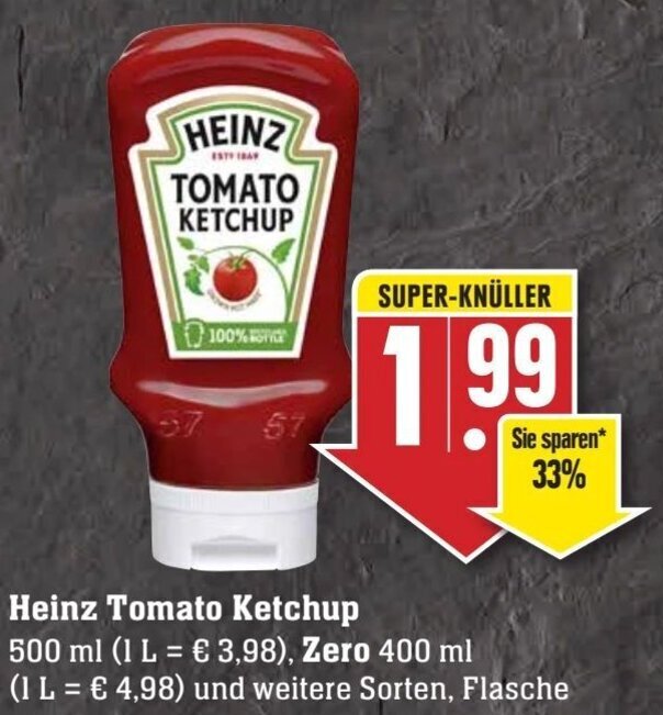 Heinz Tomato Ketchup 500 ml, Zero 400 ml Flasche Angebot bei Edeka