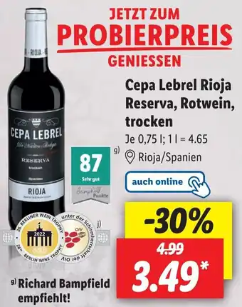 Lidl Cepa Lebrel Rioja Reserva, Rotwein, trocken 0,75 L Angebot