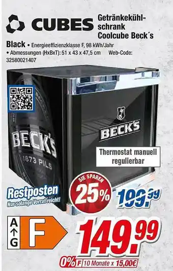 Expert Klein Cubes getrankekuhl-schrank coolcube beck's black Angebot