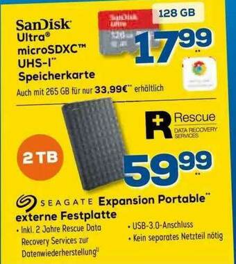 Euronics XXL Sandisk Ultra Microsdxc Uhs-i Speicherkarte Seagate Expansion Portable Externe Festplatte Angebot