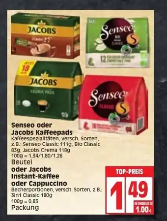 Edeka Senseo oder Jacobs Kaffeepads  oder Jacobs Instant Kaffee oder Cappuccino Angebot