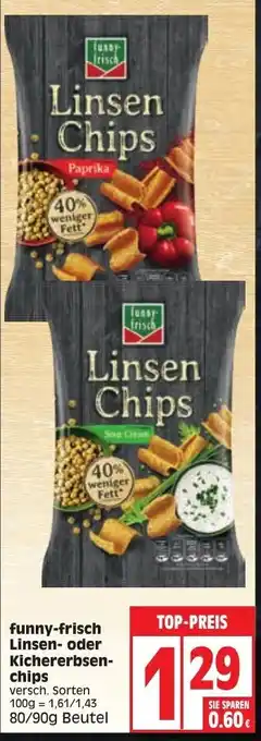 Edeka Funny Frisch Linsen oder Kichererbsenchips 80/90g Beutel Angebot