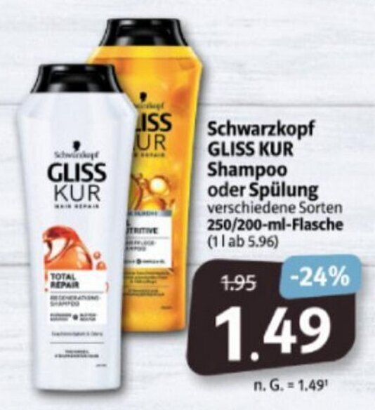 Schwarzkopf Gliss Kur Shampoo oder Spülung 200/250 ml Flasche Angebot bei Markant Markt