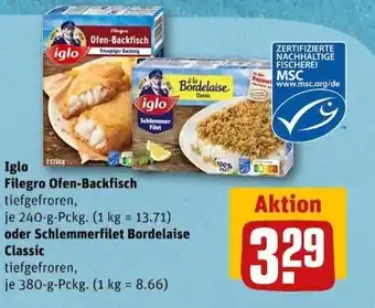 REWE Center iglo Filegro Ofen-Backfisch o. Schlemmerfilet Bordelaise Classic 240/380g Angebot