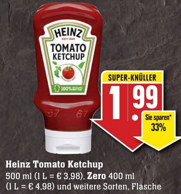 Heinz Tomato Ketchup 500 ml, Zero 400 ml Flasche Angebot bei Edeka Neukauf