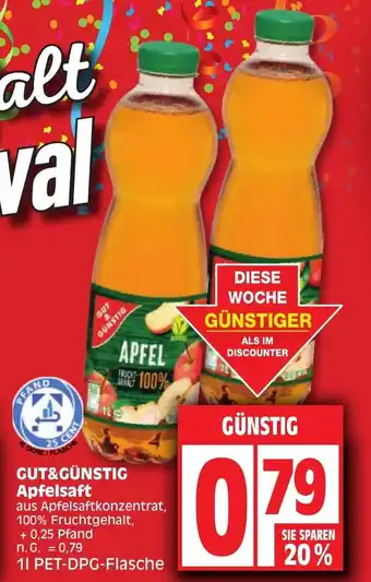 Edeka Gut & Günstig Apfelsaft 1 L PET-DPG Flasche Angebot