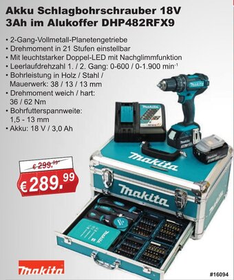 Stabilo Fachmarkt Makita Akku Schlagbohrschrauber 18V 3Ah im Alukoffer DHP482RFX9 Angebot