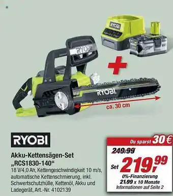 toom Baumarkt Ryobi akku-kettensägen-set „rcs1830-140” Angebot