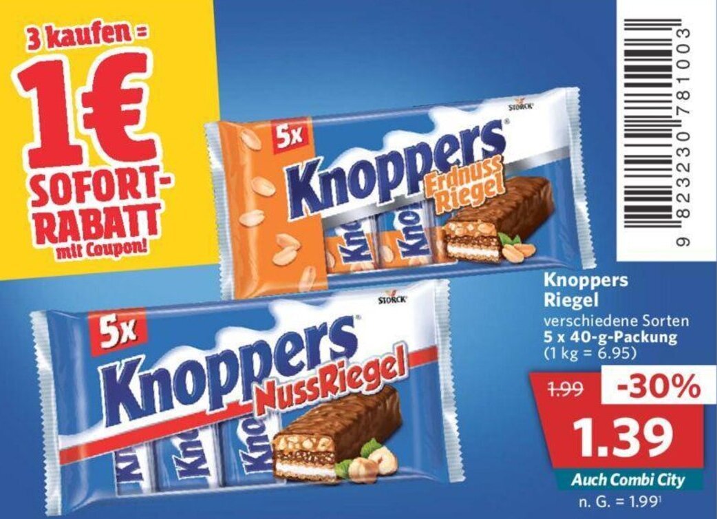 Knoppers Riegel 5x40 g Packung Angebot bei Combi