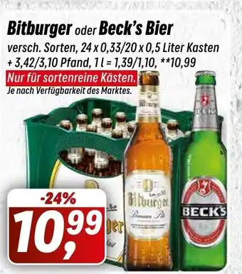 Simmel Bitburger o. Beck's Bier 24*330/20*500 ml Angebot