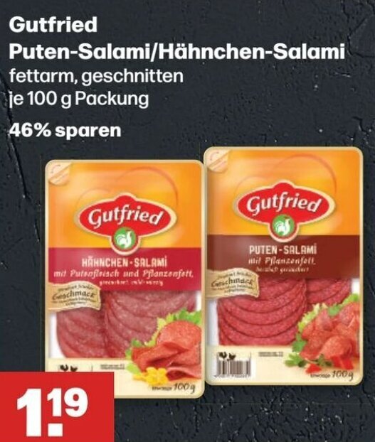 Gutfried Puten Salami/Hähnchen Salami 100 g Packung Angebot bei Handelshof