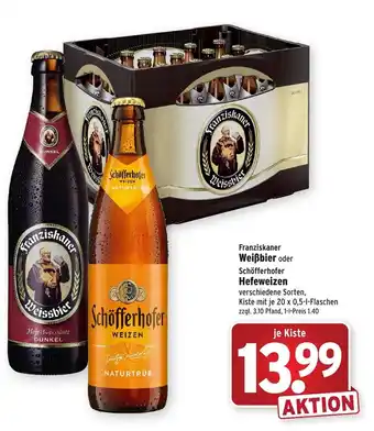 Wasgau Franziskaner Weißbier oder Schöfferhofer Hefeweizen  20x0,5L Angebot