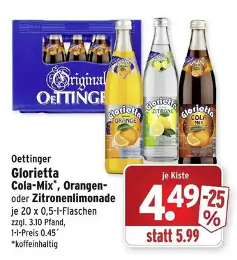 Wasgau Oettinger Glorietta Cola Mix, Orangen oder Zitronenlimonade 20x0,5L Angebot