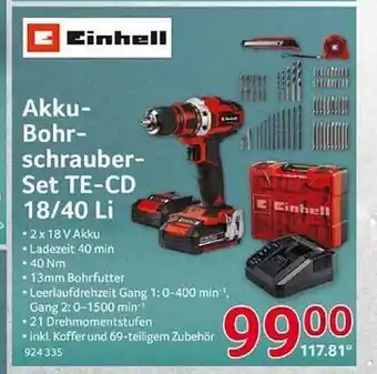 Selgros Einhell akku-bohrschrauber-set te-cd 18.40 li Angebot