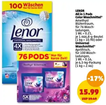 PENNY Lenor All in 1 Pods Color Waschmittel 1466,8 g Beutel oder Universal Waschmittel 6,5 kg Packung Angebot