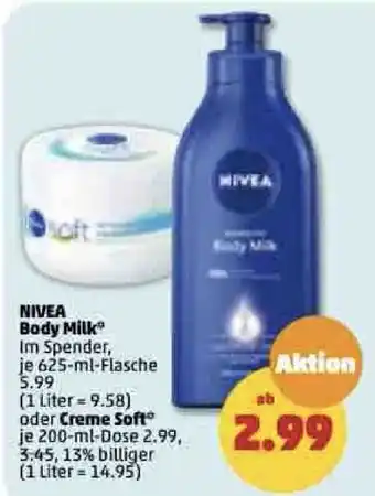 PENNY Nivea Body Milk 625 ml Flasche oder Creme Soft 200 ml Dose Angebot