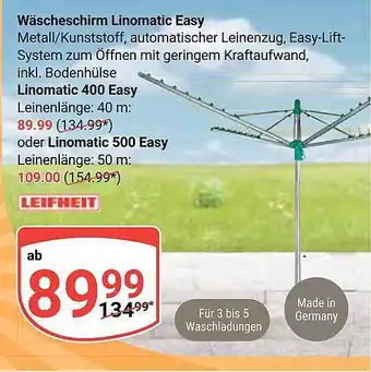 Globus Wäscheschirm linomatic easy linomatic 400 easy oder linomatic 500 easy leifheit Angebot