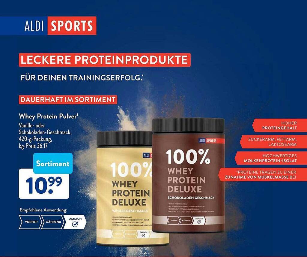 Whey protein pulver vanille oder schokolodengeschmack Angebot bei Aldi Süd