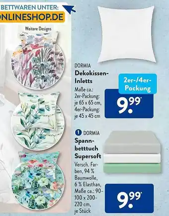 Aldi Süd Dormia dekokissen-inletts oder spannbetttuch supersoft Angebot