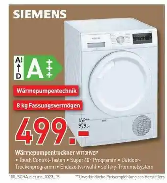 Schaffrath Siemens wärmepumpentrockner wt43hvep Angebot