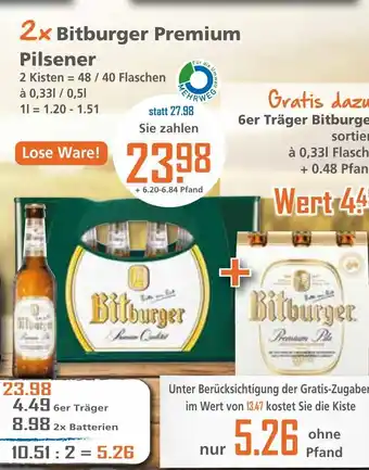 Klaas und Kock 2 x Bitburger Premium Pilsener 48/40 x 0,33/0,5L Angebot