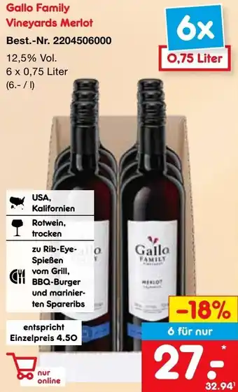 Netto Marken-Discount Gallo Family Vineyards Merlot 6x0,75 Liter Angebot