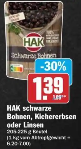 Hit HAK schwarze Bohnen, Kichererbsen oder Linsen 205-225 g Beutel Angebot