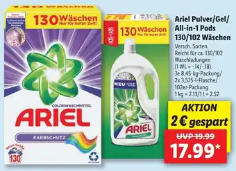 Lidl Ariel Pulver/Gel/All-in-1 Pods 130/102 Wäschen Angebot