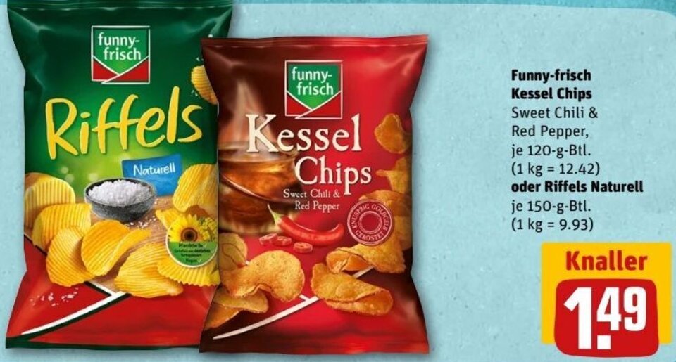 Funny Frisch Kessel Chips 120 g oder Riffels Naturell 150 g Btl