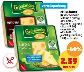 PENNY Grünländer Käsescheiben 240/210 g Packung Angebot