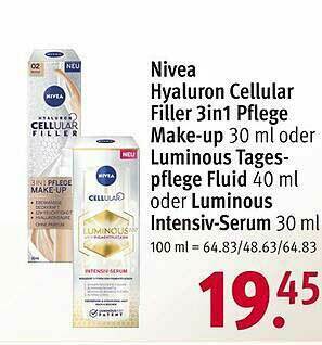 Rossmann Nivea Hyaluron Cellular Filler 3in1 Pflege Make-up Oder Luminous Tagespflege Fluid Oder Luminous Intensiv-serum Angebot