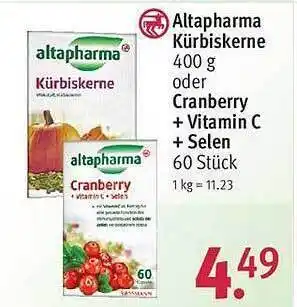 Rossmann Altapharma kürbiskerne oder cranberry + vitamin c + selen Angebot