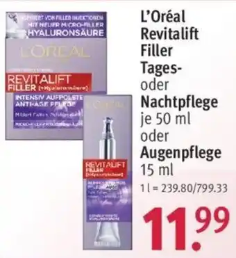 Rossmann L'Oréal Revitalift Filler Tages oder Nachtpflege 50 ml oder Augenpflege 15 ml Angebot