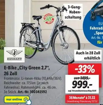 Lidl Zundapp E-Bike City ,,Green 2.7" 26 Zoll Angebot