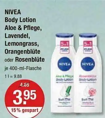 V Markt Nivea body lotion aloe & pflege, lavendel, lemongrass, orangenblüte oder rosenblüte Angebot